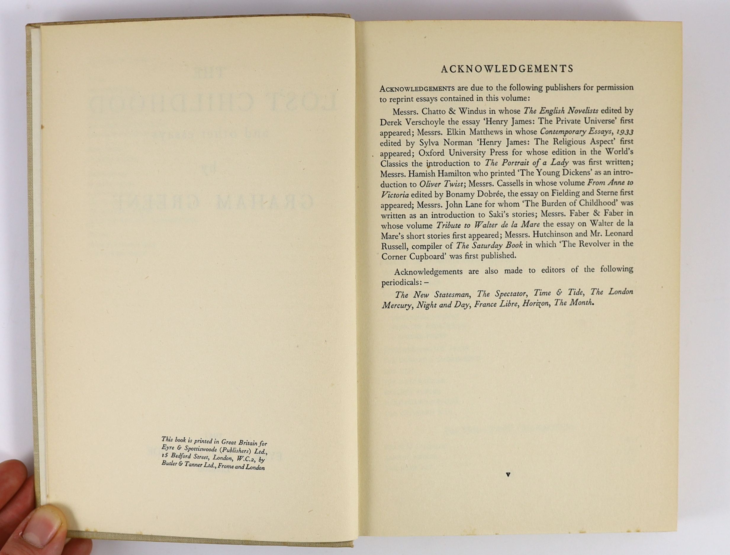 Greene, Graham - The Lost Childhood and other essays, 1st edition, in a spotted, torn and unclipped d/j, ink ownership inscription to front fly leaf, Eyre & Spittiswood, London, 1951